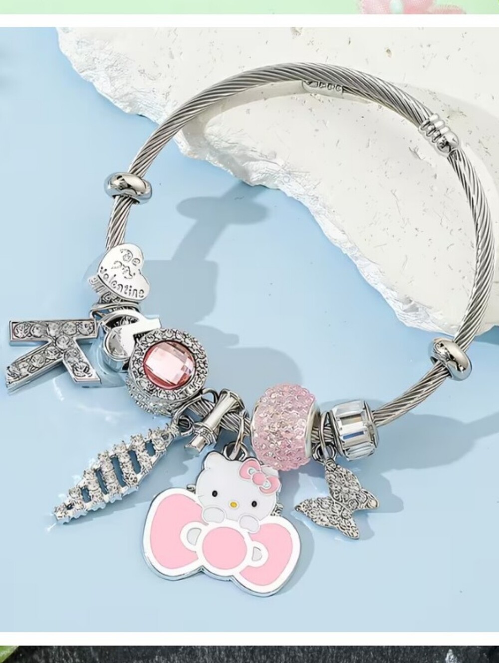 Hello Kitty Sanrio Pink Bow Charm Bracelet - Butterfly, K, Music Note & Heart